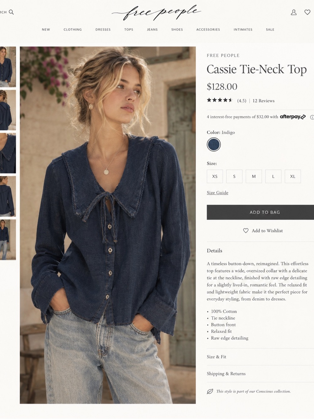 Free People Cassie Tie-Neck Top in Indigo Blue